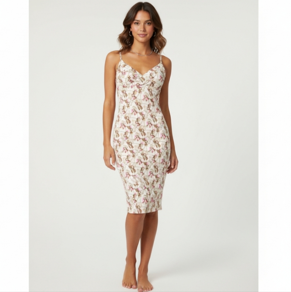 USA Casa Lee Y2K Slinky Floral Midi Slip Dress Ruffle Lettuce Hem